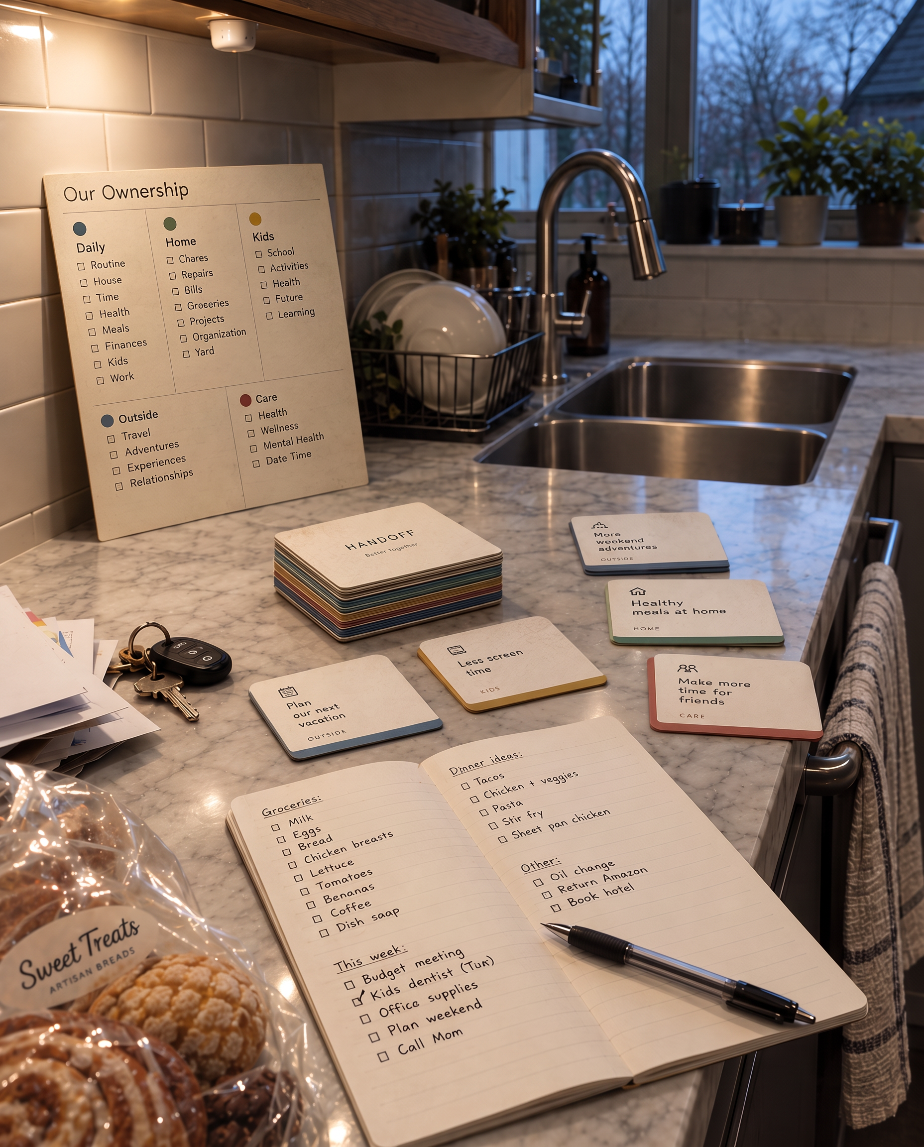 The HANDOFF ownership board propped against a kitchen backsplash, its two columns filled in by hand, with a stack of cards and a marked-up handoff sheet beside it.